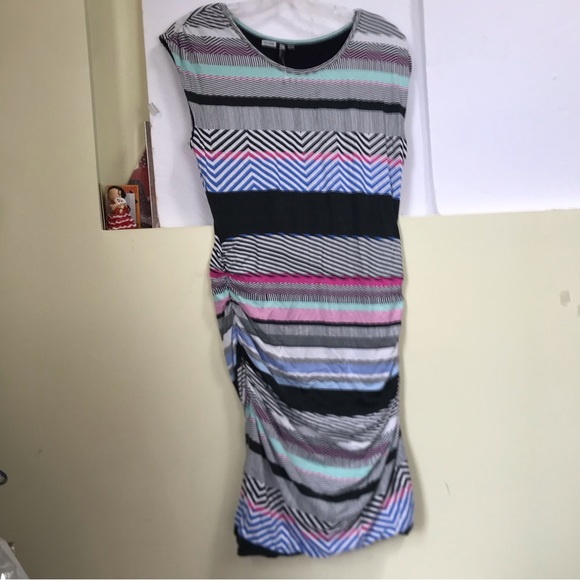 KUT from The Kloth NEW Jersey Ruched Stretch Striped Midi Dress Minimalist Lined - Picture 6 of 16